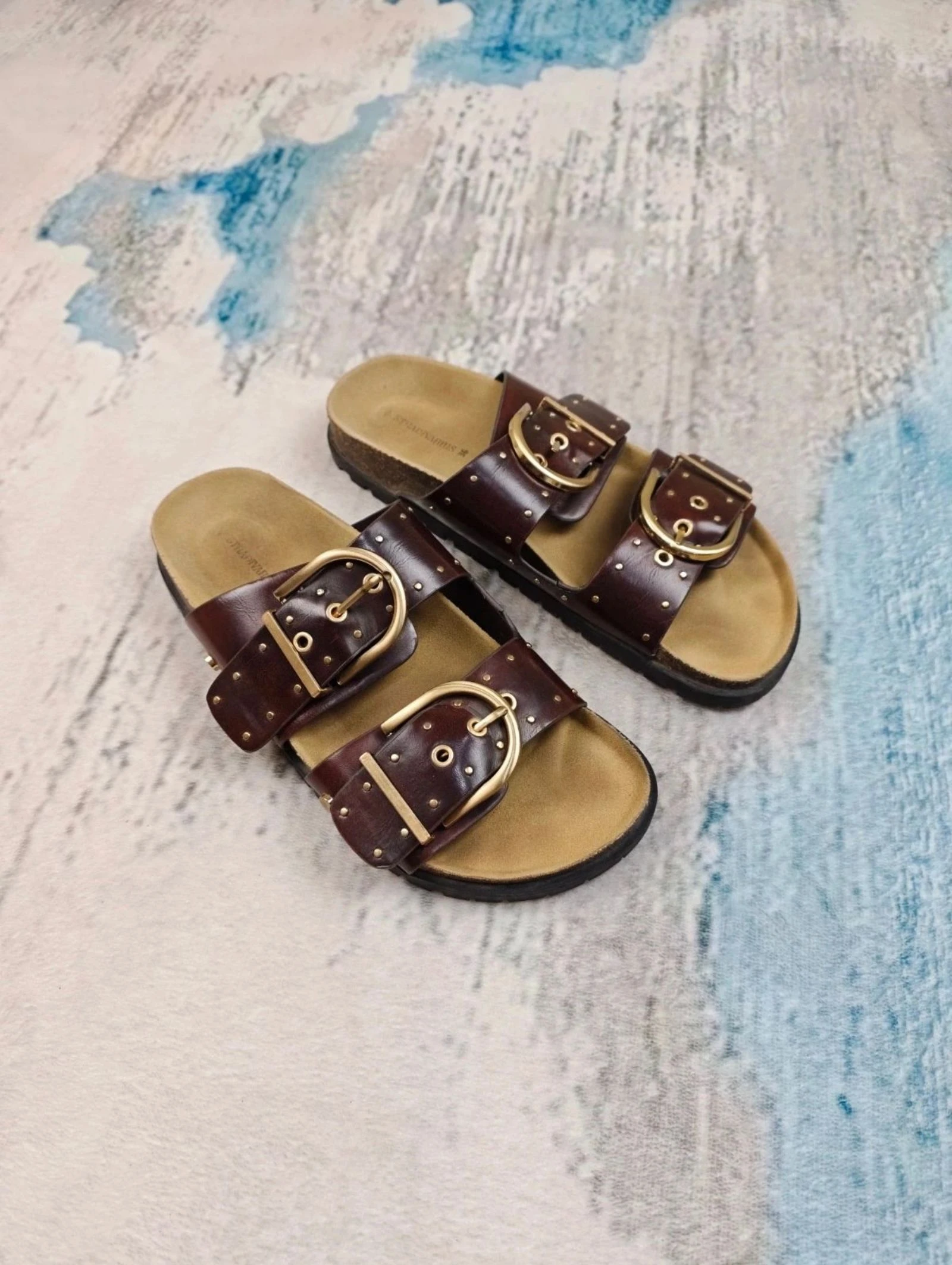 Stradivarius Western Buckle Slide Sandals Brown Gold Studded Double Strap Boho Chic Size 36 – photo 5